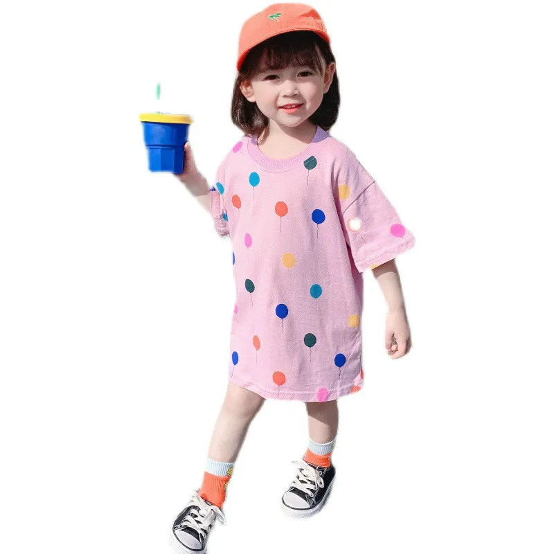 

Summer girls Dress rainbow polka dot short sleeve long T-shirt Princess Girl Dresses Children Clothing