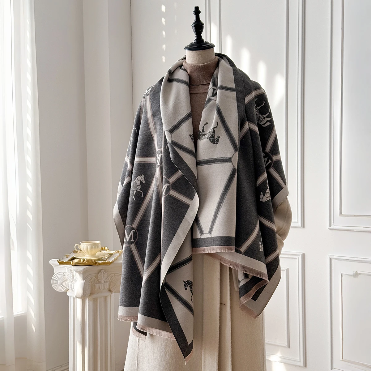 2025 Brand Elegant Geometric Print Faux Pashmina Shawl - Soft Warm Fringed, Ideal for Autumn & Winter Outdoor