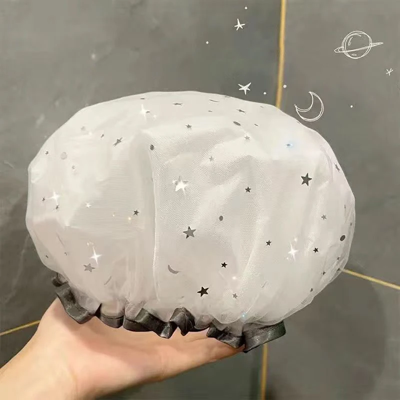 Shower Cap Waterproof Shower Cap Waterproof Double-Layer Shower Cap Starry Sky Design Fashion Reusable Bathing Hat Kitchen Oil-proof Sanitary Hat