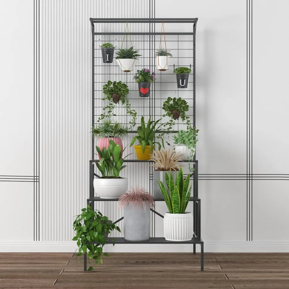 3 Tier Large Heavy Duty Plant Stand with Hanging Plant pot shelf, 35.43 x 33.27 x 78.74, Tall multi layer Holder for Home,