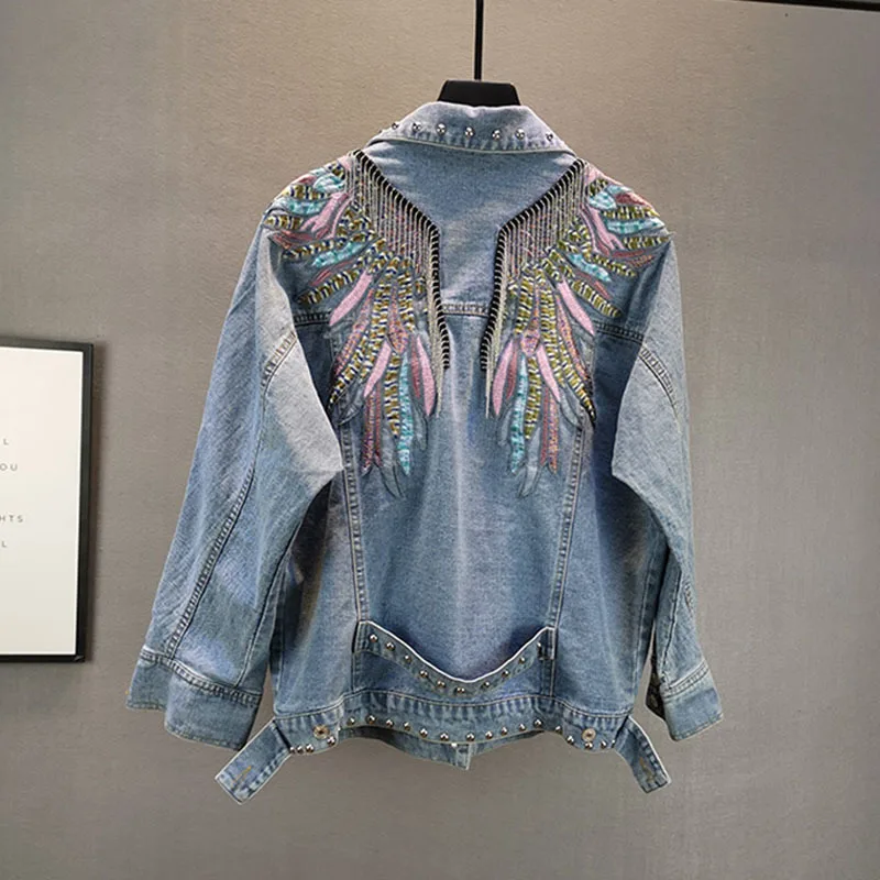 

Vintage Wing Embroidery Chain Tassel Blue Jeans Jacket Spring Autumn Rivet Lapel Long Sleeve Denim Outwear Casual Chaqueta Mujer