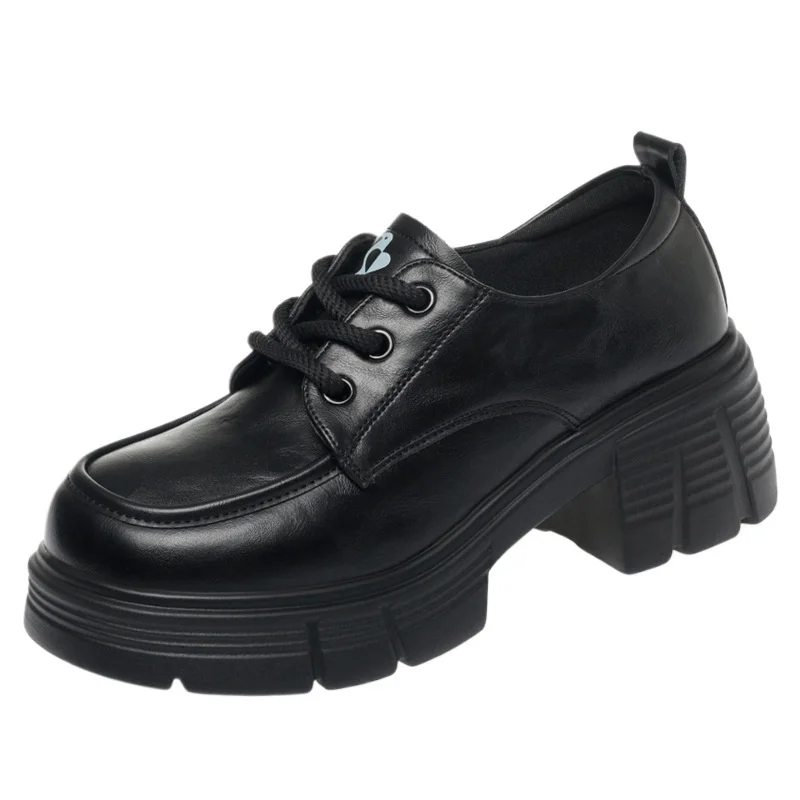 Thick-Soled Loafers For Women In Spring And Autumn New Lace-Up Thick Heel Deep Mouth Women's Singles College Style Leather Shoes - Image 6
