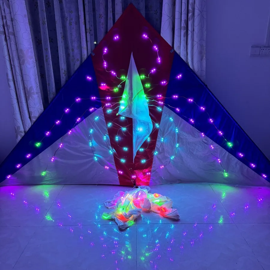 Big LED Delta Night Kite 3SQ Spider Triangle Kite with Lights, 10m Colorful Tubing Tails, 544 RIPSTOP NYLON 4