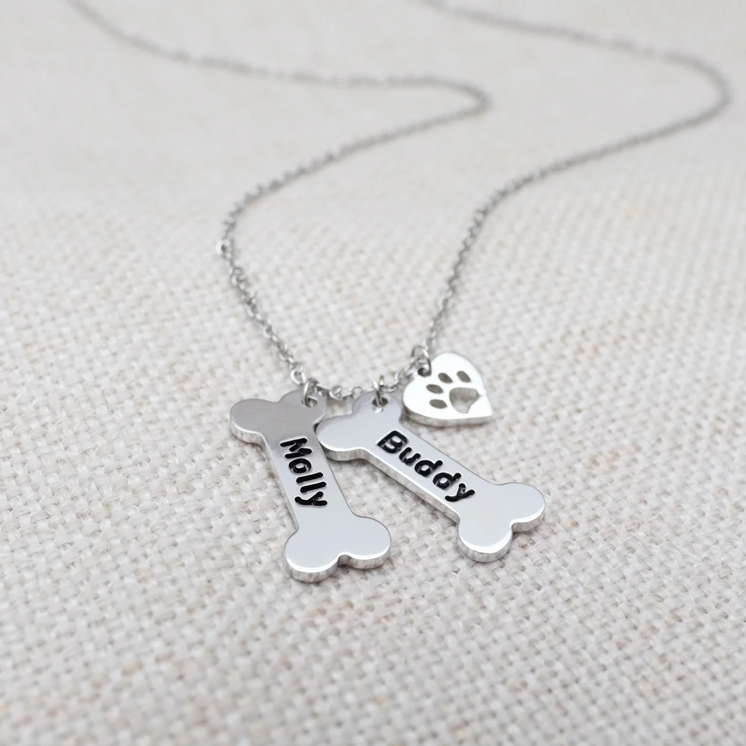 Personalized Dog Necklace Custom Names Dog Bone Necklace Pet Names Jewelry Paw Print Pendant Pet Memorial Gift Dog Lover Gift