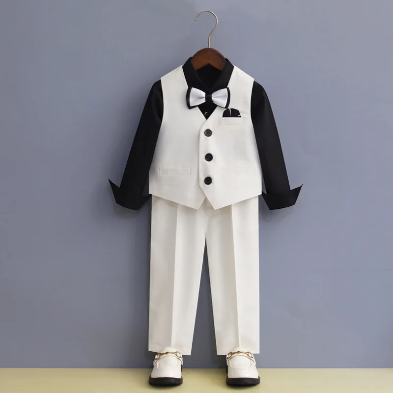 Children's Formal White Black Suit Set Boy Wedding Dress   Birthday Party Host   Performance Costume Kids Blazer Pants Bowtie