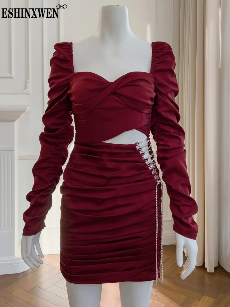 

Eshin Wine Red Ruff Sleeve Square Collar Hollow Out Waist Mini Short Dress For Women 2024 Spring Fashion Female New Y2k TH5822