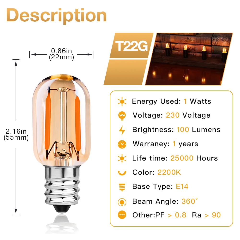 Genixgreen T22 1W Dimmable Mini Night Ligh Bulbs Vintage E14 Base