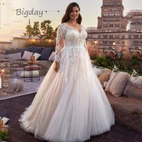 Elegant V-Neck Wedding Dresses Plus Size Lace Long Sleeve Women White Open Back Bridal Gown Train Vestidos De Novia Customized 1
