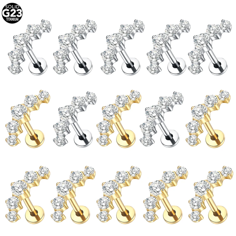 5/10Pcs Gold Plated 5 CZ Labret Lip Rings Titanium Crystal Cluster Ear Cartilage Tragus Helix Daith Conch Piercings Jewelry 16G