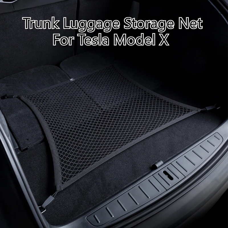 For Tesla Model X Trunk Luggage Storage Net Bag Hook Double Layer Traveling Baggage Outdoors Camping Fixed Net Car Accessories lsrtw2017 nylon wire car trunk net bag storage luggage for hyundai tucson 2015 2016 2017 2018 2019 2020 interior accessories