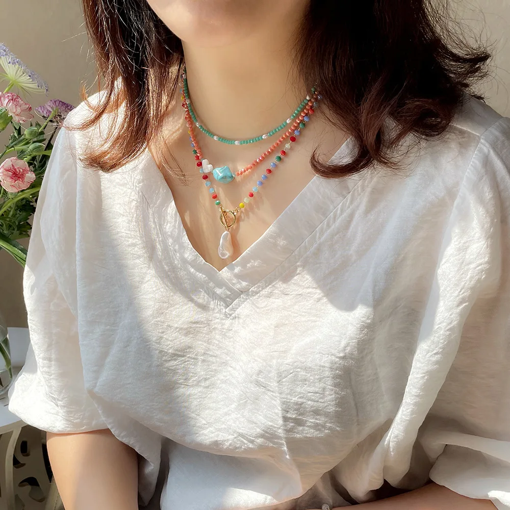 Boho handmade beaded creative stacking turquoise choker seaside beach resort style OT buckle color crystal necklace