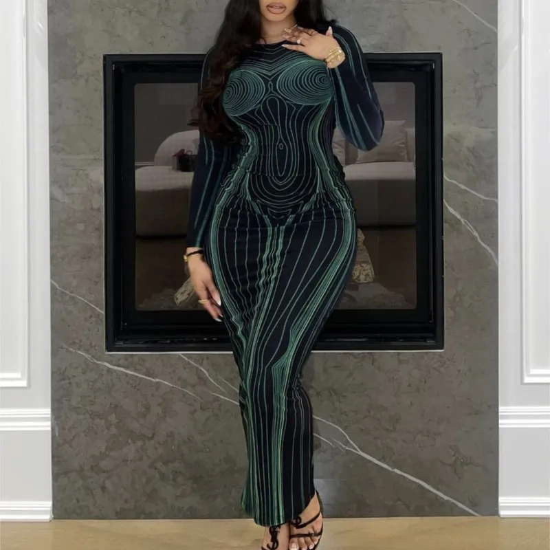 

Summer Outfits For Women 2023 Beach Dress Over Bikini Cover Up New Print Halter Slim Neck Long Sleeve Geometric Spandex The