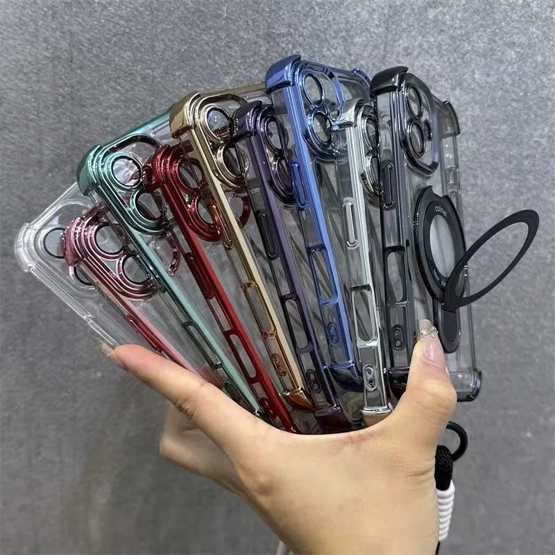 Shockproof Magnetic Bracket Phone Case with Lanyard and Plating Silicone Cover