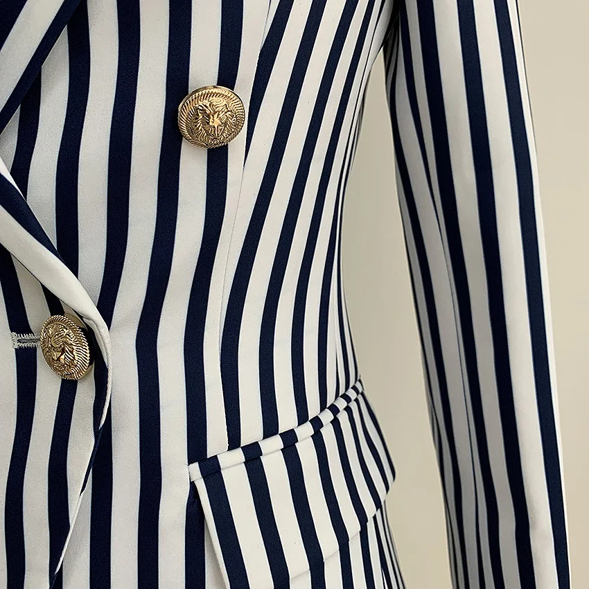 Tesco New Ladies Blazer Women Suit Jacket Classic Blue Striped Blazer Notched Collar Business Suit Elegant Outwear For Female