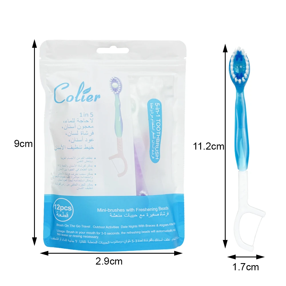 12개/팩 5-in-1 칫솔 세트 일회용 미니 여행용 칫솔 치약 포함 혀 클리너 치실 이쑤시개 키트