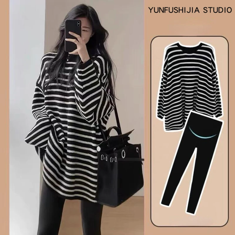 Korean Style Plus Size Maternity Clothing Set Striped Sweater Belly Leggings Loose Casual Pregnant Sweater