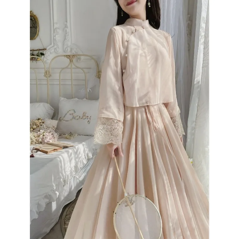 

Traditional Chinese Hanfu Suspended Dress Set Chiffon Hanfu Fairy Long Sleeve Top Lace Cuff Chinese Traditional Dress for Girls