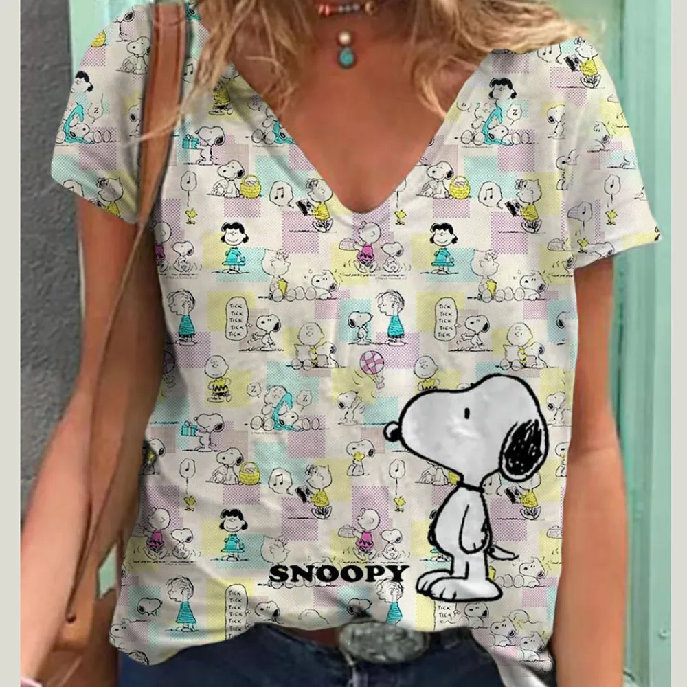thumbnail image 1 of Camiseta de mujer, ropa Harajuku, camisetas con estampado de dibujos animados de Snoopy, camisetas de cuello en V, jersey de gran tamaño, blusa de manga corta, sudadera holgada, 1 of 5