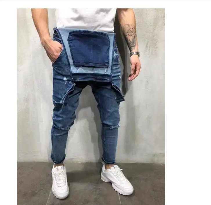 Men Jeans Overalls High Street Ripped Denim Jumpsuits Hip Hop One Piece Cargo Pants Cowboy Male Pockets Hole Suspenders