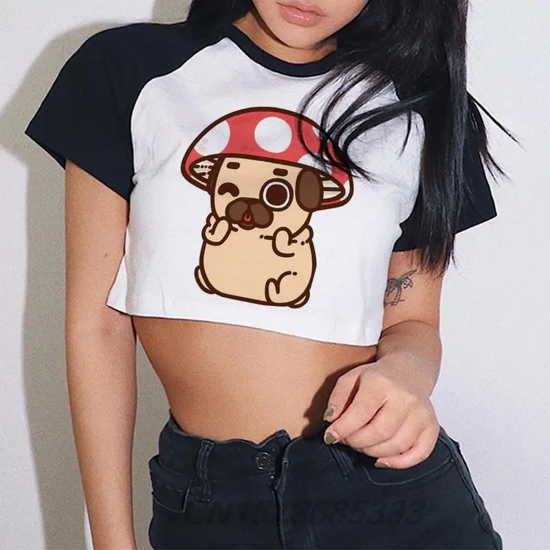 

Mushroom Pug Women Cute Crop Tops Dog Lover Novelty Gifts T-shirts Aoba Johsai Female Premium Cotton Short Tee Shirts Summer