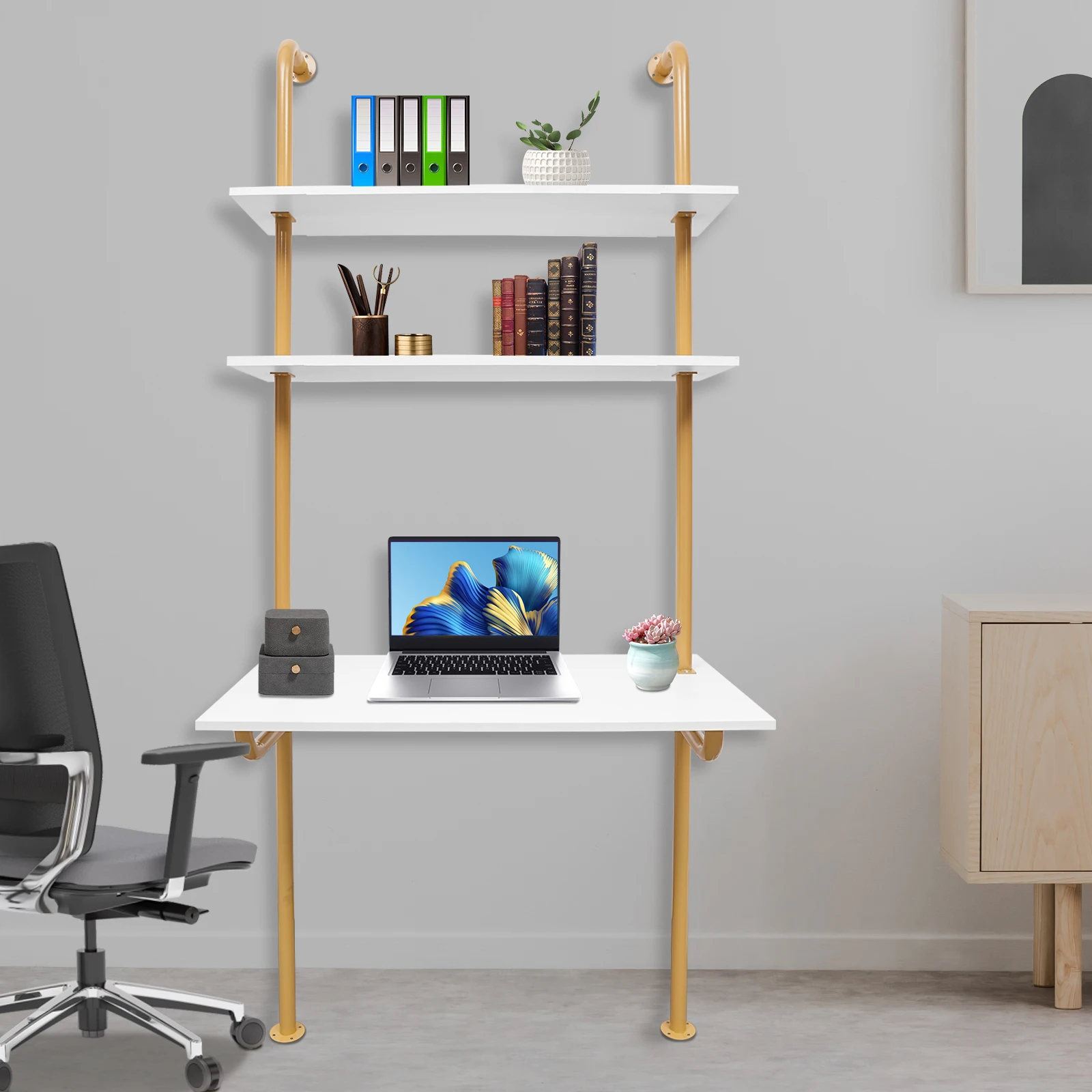 Wall Mount Desk 3 Tiers Computer Writing Table Laptop Industrial Bookcase Floating Pipe Ladder with Shelf for Home Office School 3