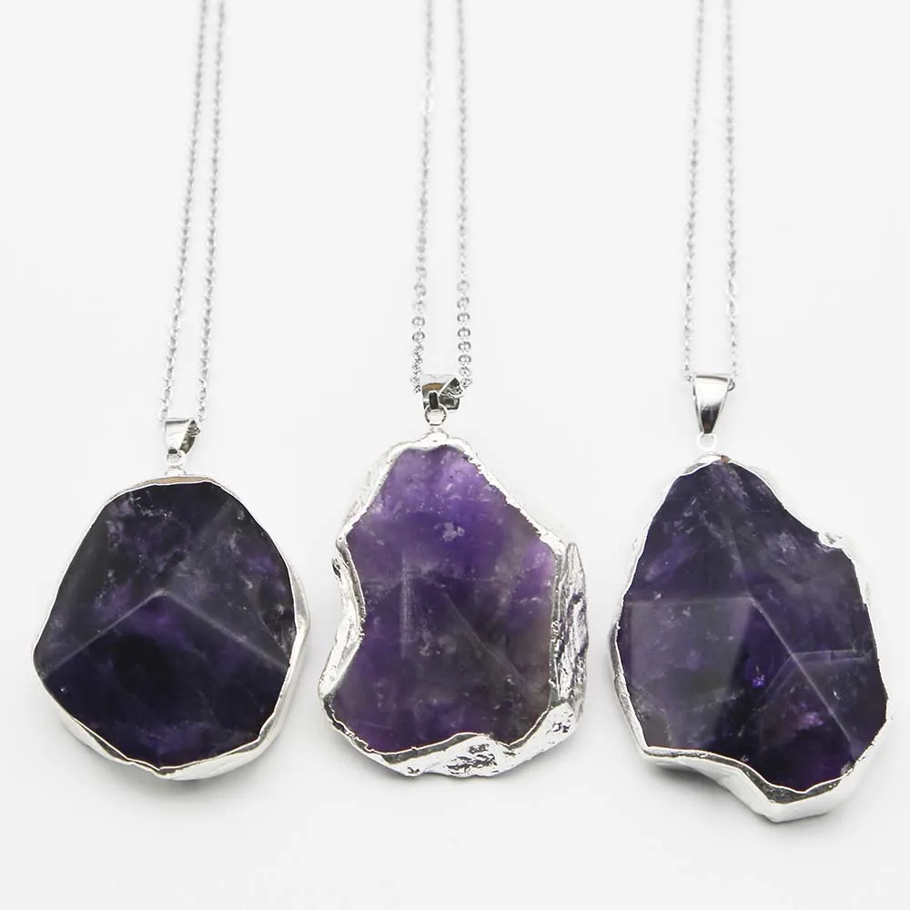Natural Stone Amethyst Irregular Silver Edge Pendant Stainless Steel Chain Necklace Charm DIY Jewelry Accessories Wholesale 6Pcs