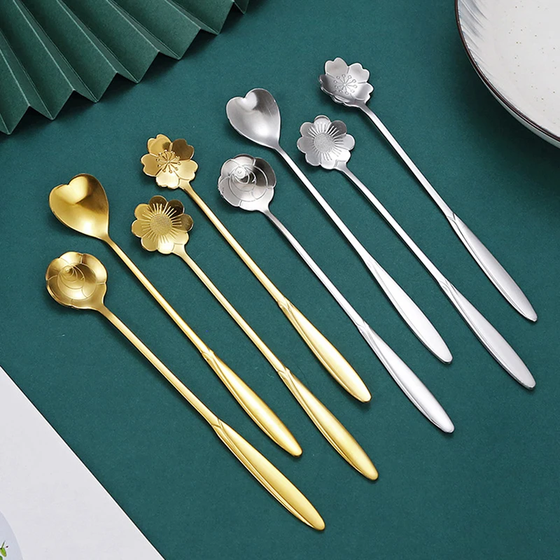 Mixing Spoons Small Flower Teaspoon Stainless Steel Coffee Spoon Cute Ice Cream Dessert Spoon Kitchen Accessories 4Pcs/Set