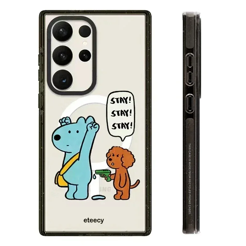 Cute Blue Brown Dog Acrylic Black Border Protective Case for Samsung Galaxy S22U S23U S24 Ultra Shell with MagSafe