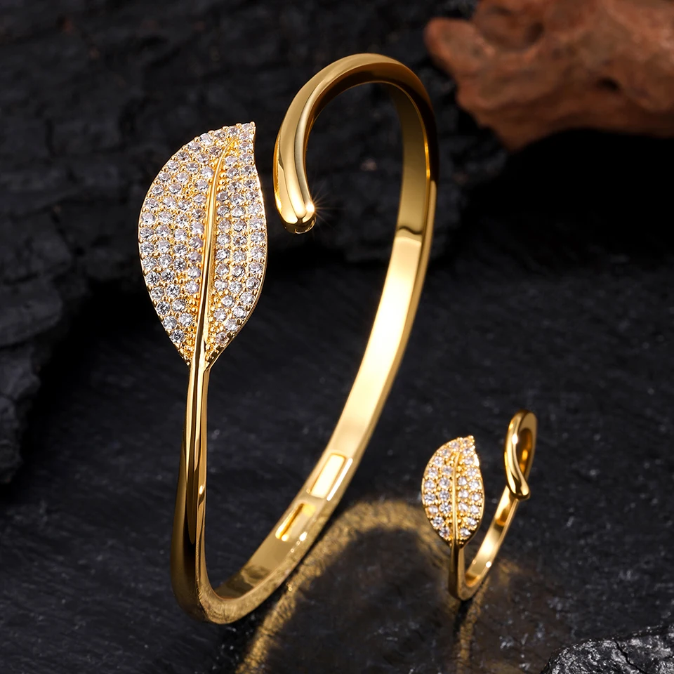ZAKOL 9 Styles Golden Open Bracelet Ring Jewelry Set Geometric Shiny Zircon 18K Gold Plated Middle East Wedding Party Jewelry 2