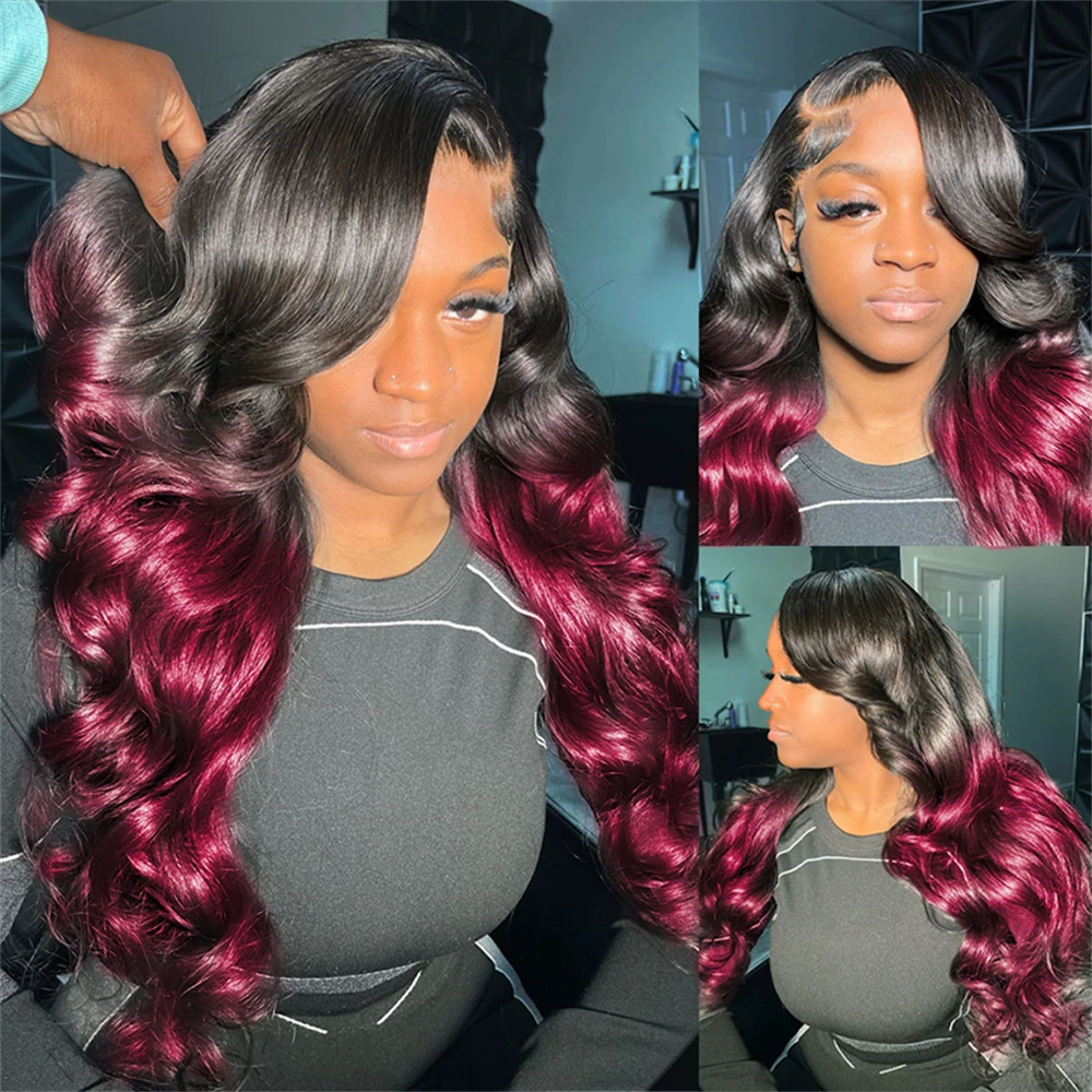 

Body Wave Lace Closure Wig Human Hair 1B/99J Ombre Color Black To Burgundy Natural Pre Plucked Hairline 4x4 Brazilian Hair