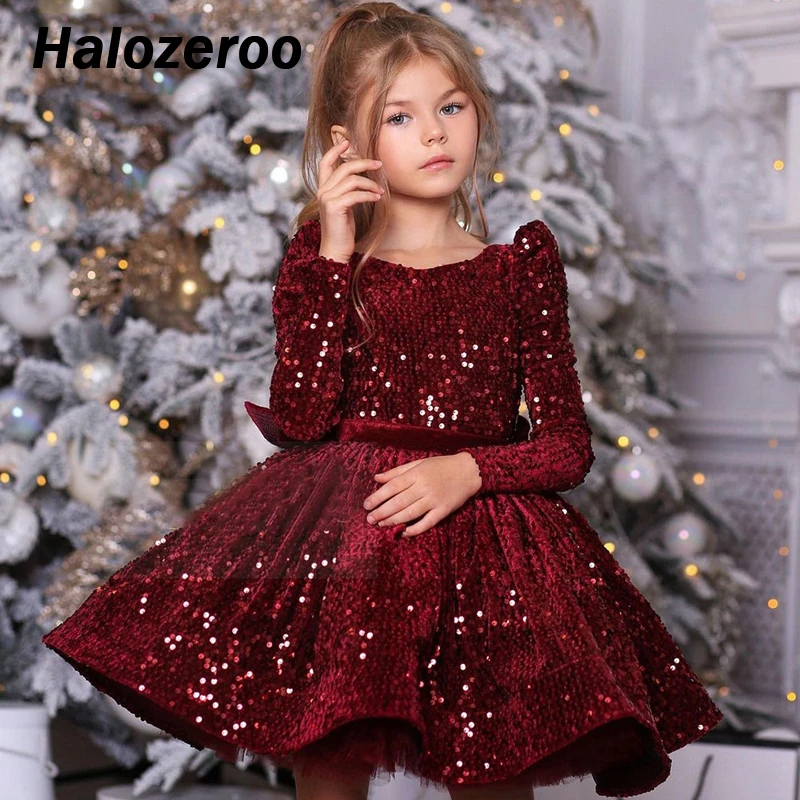 

2023 Baby Girls Bow Princess Vintage Dress Tulle Children Vestido Kids Bling Wedding Party Birthday Tutu Dress Sequined Clother