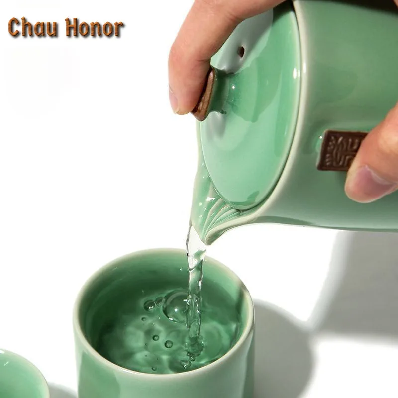 Longquan Celadon Ge Kiln Travel Tea Set Kit Creative 1 Pot 2 Cups Tea Maker Organizer Portable Camping Tote Cloth Bag Collection