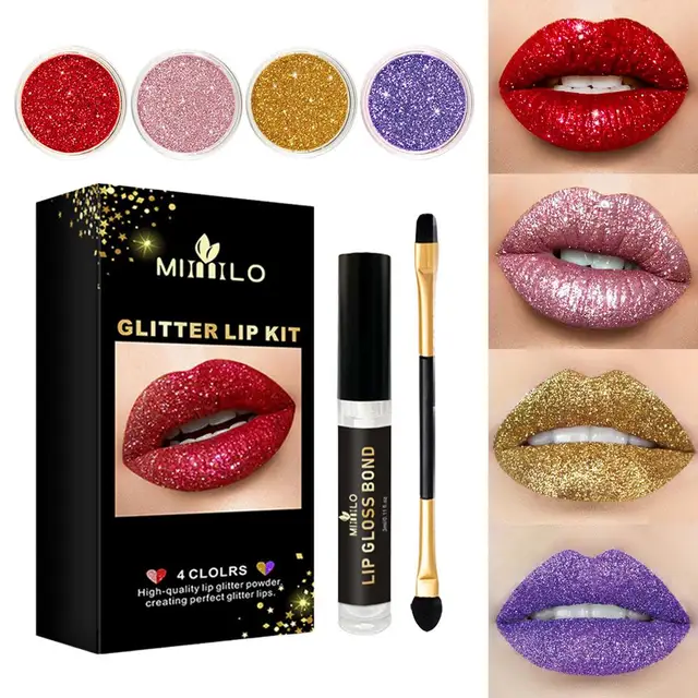 Glitter Powder 4 Colors Stay Golden Cosmetics Diamond Shining Glitter Lip  Kit - Long Lasting Waterproof Makeup Lips, With Lip Primer And Brush Art  Li