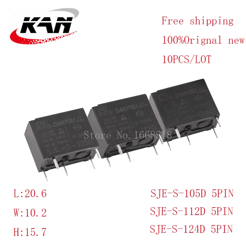 

Free shipping 10pcs relay SJE-S-105D SJE-S-112D SJE-S-124D 5VDC 12VDC 24VDC 5A 250VAC 5PIN Original New