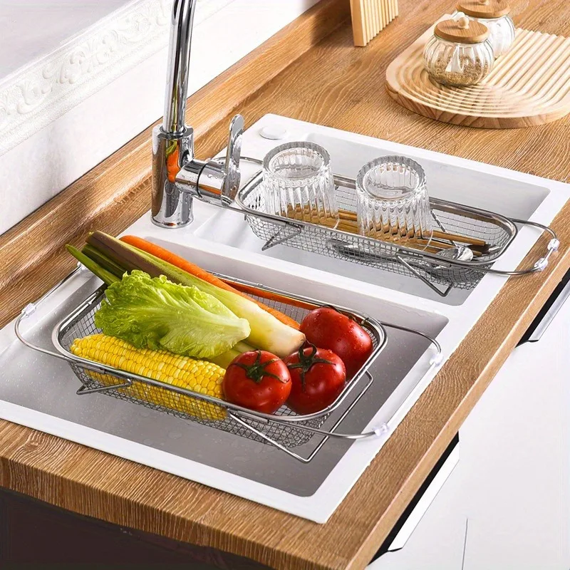 1 Set Stainless Steel Over Sink Colander with Telescopic Handle - Metal Mesh Strainer Basket for Washing Fruits & Vegetables