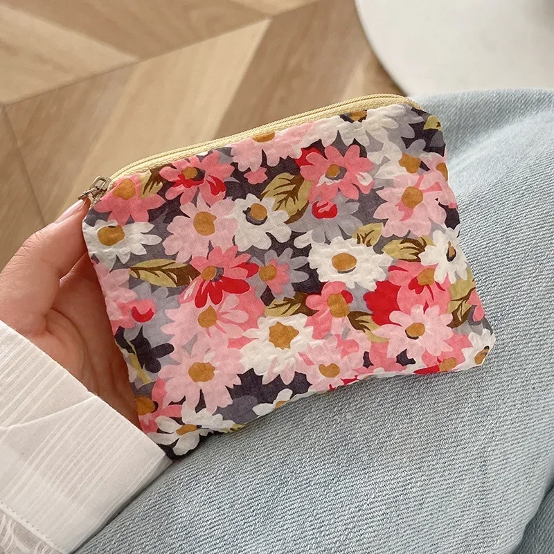 Coin Purse Mini Zipper Women Cute Floral Clutch Lipstick Bag Key Wallet Cotton Travel Makeup Storage
