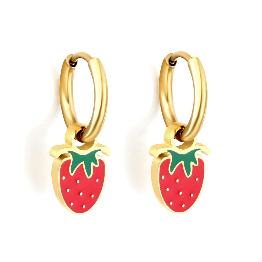 Pendientes de aro de acero inoxidable, colgantes de cereza y fresa de dibujos animados a la moda, pendientes redondos Huggie para mujeres y niñas, joyería de fiesta