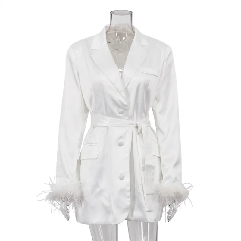 Lace Up Blazer Dress For Women Feather Splice Black Long Sleeve Fashion Dresses Femme Party Temperament Vestido Ladies