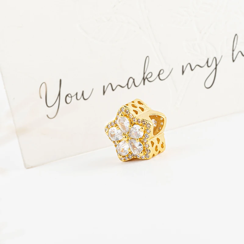 Gold Plated Sparkling Double Halo Heart、Family Tree Dangle Charm Bead Fit Original Silver 925 Europeans Bracelet DIY Jewelry