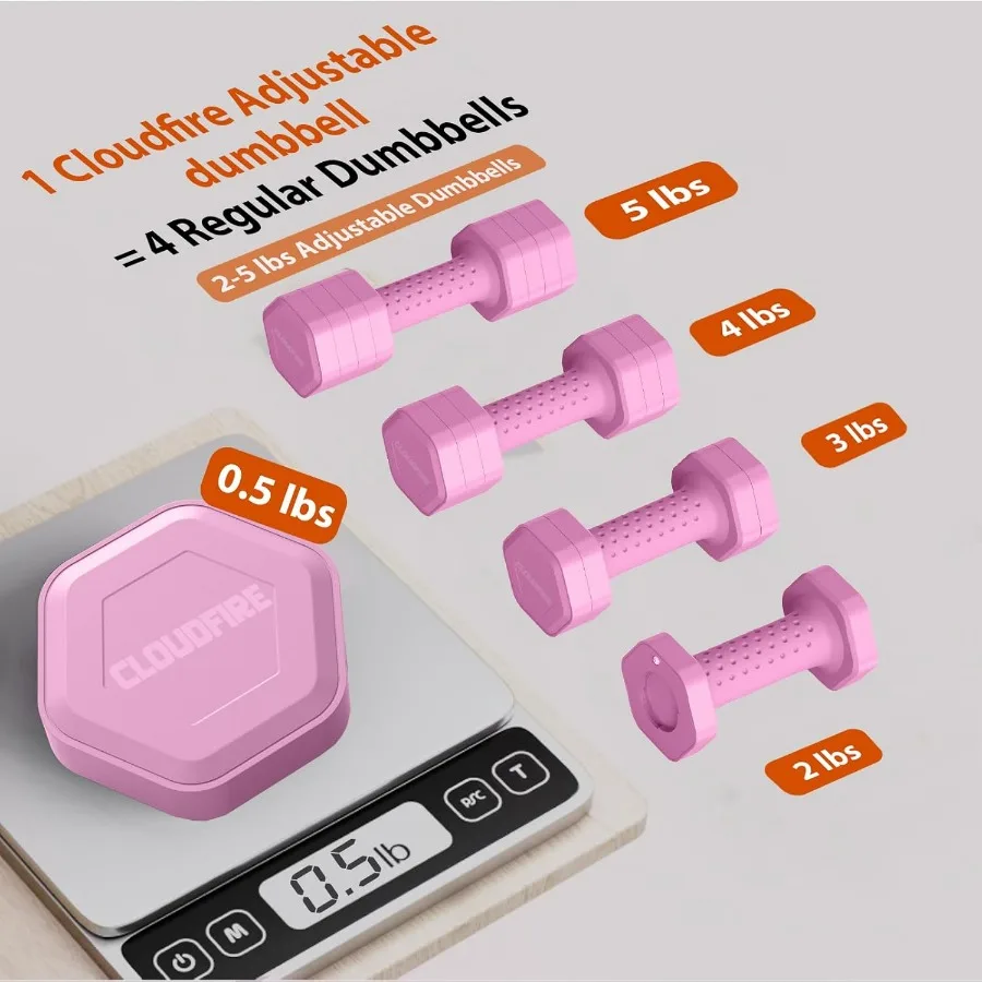 Adjustable Dumbbell Set of 2, 4 in 1 Free Weights Dumbbells Set, Hand Weights for Women at Home, 5 lb Dumbbells Set with Non-sli