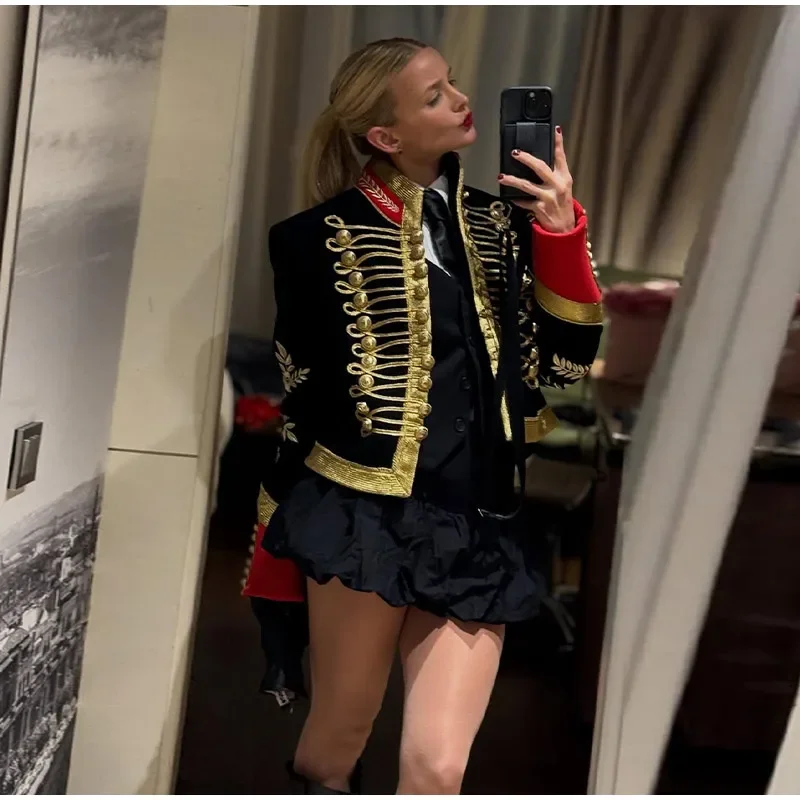 Damen Napoleon-Jacke im Militärstil, Slim Fit, Kurze Oberteile mit Goldenen Schicken Knöpfen, Frühlings-Neuheit, Vintage Formelle Party-Oberbekleidung – Detail 4