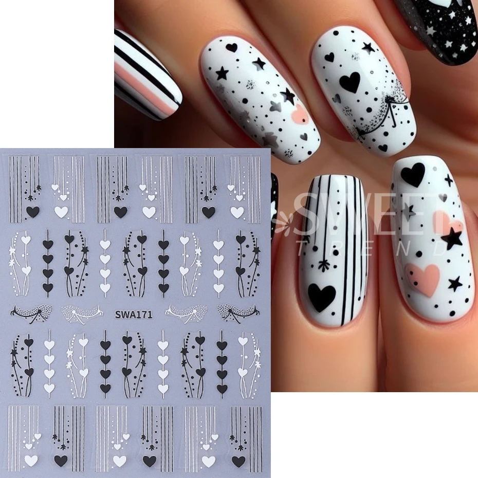 4pcs Valentine's Nail Stickers Black White Love Heart Lines Rose Design Adhesive Nail Decals DIY Sparkly Manicure Decor Sliders
