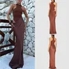 Sexy Slim Patchwork Coffee Colored Women Dress Summer Retro High Necked Sleeveless Long Dress Vacation Party Bag Buttocks Skirt 1