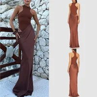 Sexy Slim Patchwork Coffee Colored Women Dress Summer Retro High Necked Sleeveless Long Dress Vacation Party Bag Buttocks Skirt 1