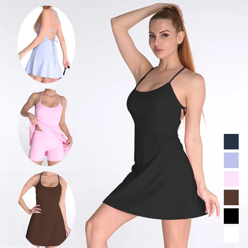 Ladies Sexy One Piece Yoga Tennis Dress Pads Sling Backless Athletic Gym High Elastic Quick Dry Running Skirt