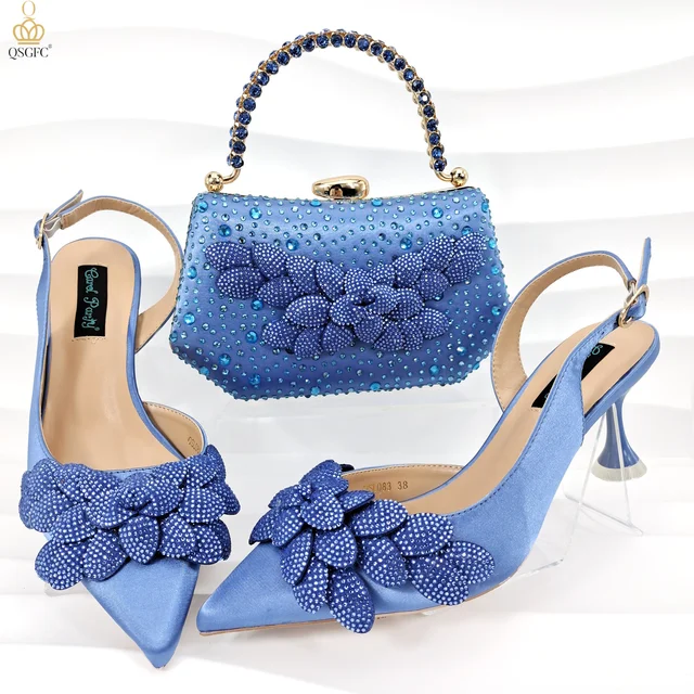 Chaussures et sac en tissu satiné pour femmes, chaussures à talons hauts, confortables, pointues, Parker, peu profondes, bleu ciel, style chaud, africain 1