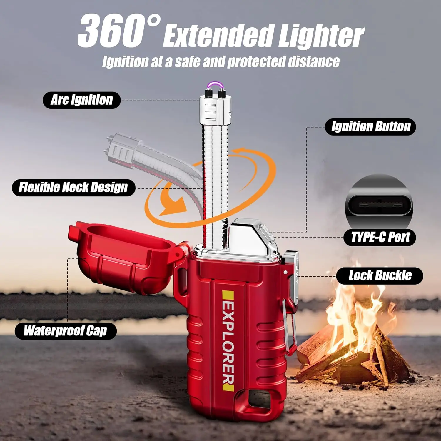 Electric Lighter 360&deg; Flexible Rechargeable USB Lighter, TYPE C Arc Plasma Lighter Windproof and Waterproof Flameless