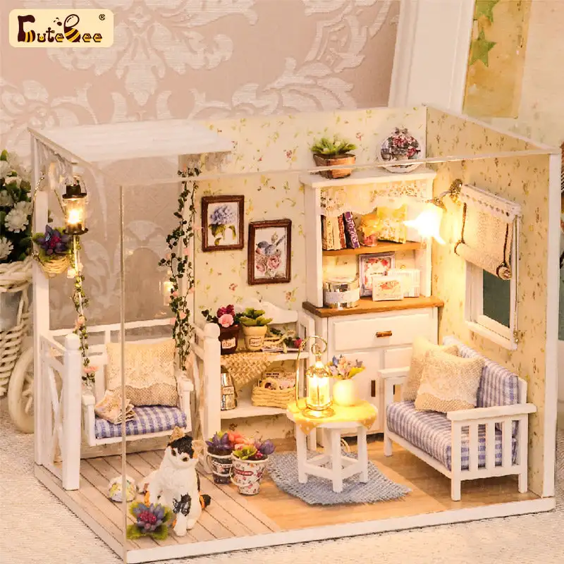 Cutebee DIY DollHouse Kit KItten Diary Miniature Wooden Doll Houses Furniture Kit with Dust Cover for Children Christmas Gift christmas chair cover protective covers