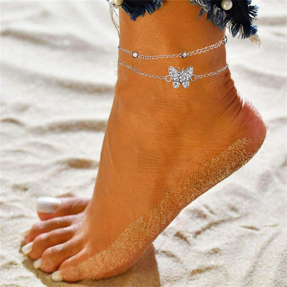 Silver Anklet Bracelet Summer Butterfly Anklet For Women Adjustable Color Layered Foot Ankle Bracelet Girls Beach Party Jewelry