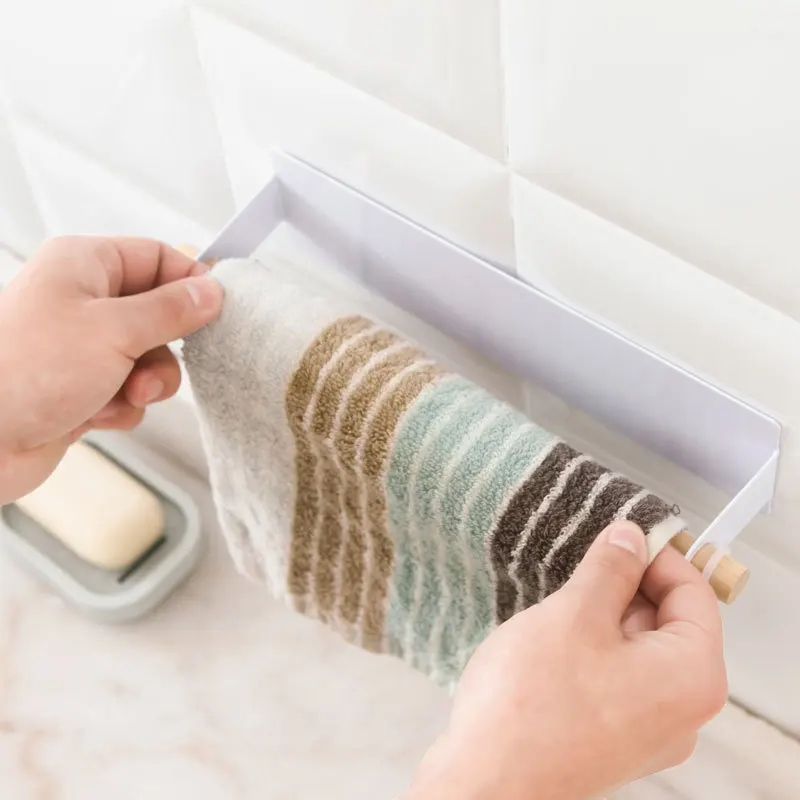 Bathroom Accoessories Wood Towel Storage Rack Bar Kitchen Adhesive Roll  Paper Holder Cabinet Cling Film Rag Hanging Holder 3